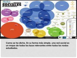 Como se ha dicho, En su forma más simple, una red social es
un mapa de todos los lazos relevantes entre todos los nodos
estudiados.
 