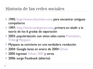 1995:  http://www.classmate.com , para encontrar antíguos compañeros 1997:  http://www.sixdegrees.com , primera en aludir a la teoría de los 6 grados de separación 2003: popularización con sitios tales como  Friendster ,  Tribe  y  Myspace Myspace se convierte en una verdadera revolución 2004: Google lanza en enero de 2004  Orkut 2005 ingresan  Yahoo 360º  y otros 2006: surge Facebook (abierto) 