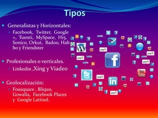 Tipos
 Generalistas y Horizontales:
   Facebook, Twitter, Google
    +, Tuenti, MySpace, Hi5,
    Sonico, Orkut, Badoo, Hab
    bo y Friendster

 Profesionales o verticales.
    Linkedin ,Xing y Viadeo


 Geolocalización:
    Fousquare , Bliquo,
     Gowalla, Facebook Places
     y Google Latitud.
 