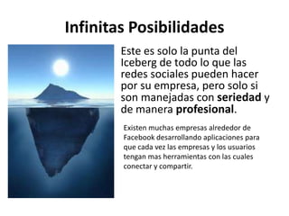 Infinitas Posibilidades
        Este es solo la punta del
        Iceberg de todo lo que las
        redes sociales pueden hacer
        por su empresa, pero solo si
        son manejadas con seriedad y
        de manera profesional.
        Existen muchas empresas alrededor de
        Facebook desarrollando aplicaciones para
        que cada vez las empresas y los usuarios
        tengan mas herramientas con las cuales
        conectar y compartir.
 