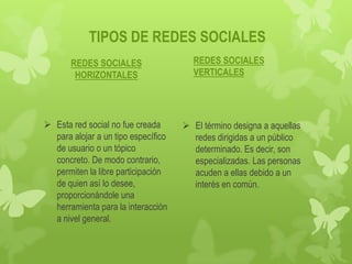 TIPOS DE REDES SOCIALES
       REDES SOCIALES                  REDES SOCIALES
        HORIZONTALES                   VERTICALES




 Esta red social no fue creada       El término designa a aquellas
  para alojar a un tipo específico     redes dirigidas a un público
  de usuario o un tópico               determinado. Es decir, son
  concreto. De modo contrario,         especializadas. Las personas
  permiten la libre participación      acuden a ellas debido a un
  de quien así lo desee,               interés en común.
  proporcionándole una
  herramienta para la interacción
  a nivel general.
 