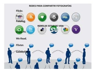 REDES PARA COMPARTIR FOTOGRAFÍAS

Flickr.
Fotki.
Fotolog.
                  REDES DE ESTILO DE VIDA

Cross.TV.

We Read.

Flixter.

GaiaOnline.
 