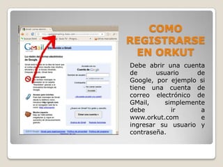 COMO
REGISTRARSE
 EN ORKUT
Debe abrir una cuenta
de      usuario    de
Google, por ejemplo si
tiene una cuenta de
correo electrónico de
GMail,    simplemente
debe        ir      a
www.orkut.com       e
ingresar su usuario y
contraseña.
 
