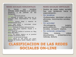 REDES SOCIALES HORIZONTALES                          REDES SOCIALES VERTICALES
    no      tienen       una     temática            Dentro de estas redes sociales
     definida, están dirigidas a un público            hay una tendencia hacia la
     genérico, y se centran en los                     especialización.
     contactos.
    Facebook. Red social gratuita                    Por temática:
    Hi5 enfocada al público más joven por su          Profesionales, identidad cultural,
     evolución hacia desarrolladores de juegos
     sociales.                                         aficiones, movimientos sociales,
    MySpace. Incluye blogs y espacios de              viajes.
     entretenimiento social                           Por actividad:
    Orkut. Red social y comunidad virtual
     gestionada por Google,                            Microblogging,             juegos,
    Sonico. Orientada al público latinoamericano      geolocalizacion,       marcadores
    Tuenti. Red social española dirigida a la         sociales, compartir objetos.
     población joven.
    Bebo. tiene por nombre el acrónimo de "Blog      Por contenido compartido:
     Early, Blog Often".
                                                       Fotos,        música,       videos
     Netlog. Su público objetivo es la juventud
                                                       documentos,        presentaciones,

     europea y de América Latina.
    Google+. La red social de Google                  noticias, lectura.
    Badoo. Opera en 180 países con mayor
     actividad en América Latina, España, Italia y
     Francia.


      CLASIFICACION DE LAS REDES
           SOCIALES ON-LINE
 