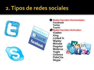 ❶ Redes Sociales Horizontales:
Facebook
Twiter
Tuenti
❷ Redes SocialesVerticales:
Viadeo
Xing
Linked In
Wipley
Minube
Dogster
Moterus
Yuglo
Unience
PideCita
Skype
 