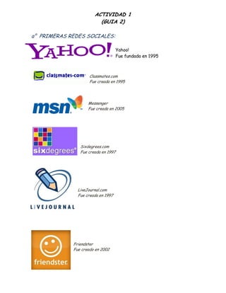 ACTIVIDAD 1
(GUIA 2)
a° PRIMERAS REDES SOCIALES:
Yahoo!
Fue fundada en 1995
Classmates.com
Fue creada en 1995
Messenger
Fue creada en 2005
Sixdegrees.com
Fue creada en 1997
LiveJournal.com
Fue creada en 1997
Friendster
Fue creado en 2002
 