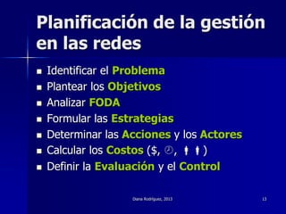 Diana Rodríguez, 2013 13
Planificación de la gestión
en las redes
 Identificar el Problema
 Plantear los Objetivos
 Analizar FODA
 Formular las Estrategias
 Determinar las Acciones y los Actores
 Calcular los Costos ($, , )
 Definir la Evaluación y el Control
 