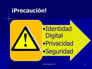 ¡Precaución!
Diana Rodríguez, 2013 14
•Identidad
Digital
•Privacidad
•Seguridad
 