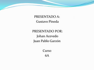 PRESENTADO A:
Gustavo Pineda
PRESENTADO POR:
Johan Acevedo
Juan Pablo Garzón

Curso
6A

 
