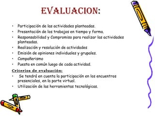 EVALUACION:
•
•
•
•
•
•
•

Participación de las actividades planteadas.
Presentación de los trabajos en tiempo y forma.
Responsabilidad y Compromiso para realizar las actividades
planteadas.
Realización y resolución de actividades
Emisión de opiniones individuales y grupales.
Compañerismo
Puesta en común luego de cada actividad.

Criterios de evaluación:
•
•

Se tendrá en cuenta la participación en los encuentros
presenciales, en la parte virtual.
Utilización de las herramientas tecnológicas.

 