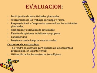 EVALUACION:
•
•
•
•
•
•
•

Participación de las actividades planteadas.
Presentación de los trabajos en tiempo y forma.
Responsabilidad y Compromiso para realizar las actividades
planteadas.
Realización y resolución de actividades
Emisión de opiniones individuales y grupales.
Compañerismo
Puesta en común luego de cada actividad.

Criterios de evaluación:
•
•

Se tendrá en cuenta la participación en los encuentros
presenciales, en la parte virtual.
Utilización de las herramientas tecnológicas.

 