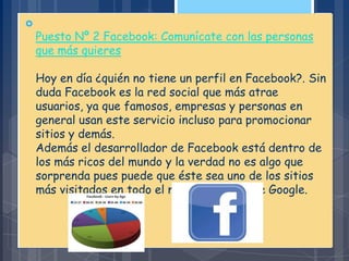 
Puesto Nº 2 Facebook: Comunícate con las personas
que más quieres
Hoy en día ¿quién no tiene un perfil en Facebook?. Sin
duda Facebook es la red social que más atrae
usuarios, ya que famosos, empresas y personas en
general usan este servicio incluso para promocionar
sitios y demás.
Además el desarrollador de Facebook está dentro de
los más ricos del mundo y la verdad no es algo que
sorprenda pues puede que éste sea uno de los sitios
más visitados en todo el mundo después de Google.
 