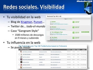 9
#RedesSocUAM
Redes sociales. Visibilidad
• Tu visibilidad en la web
– Blog de Krugman, Punset…
– Twitter de… todo-el-mundo
– Caso “Gangnam Style”
• 1500 millones de descargas
en 9 meses y subiendo
• Tu influencia en la web
– Se puede medir
 