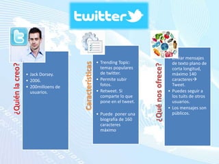 ¿Quiénlacreo?
• Jack Dorsey.
• 2006.
• 200milloens de
usuarios.
Características
• Trending Topic:
temas populares
de twitter.
• Permite subir
fotos.
• Retweet. Si
comparte lo que
pone en el tweet.
• Puede poner una
biografía de 160
caracteres
máximo
¿Quénosofrece?
• Enviar mensajes
de texto plano de
corta longitud,
máximo 140
caracteres
Tweet.
• Puedes seguir a
los tuits de otros
usuarios.
• Los mensajes son
públicos.
 