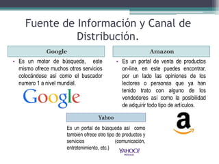 Fuente de Información y Canal de 
Distribución. 
Google Amazon 
• Es un motor de búsqueda, este 
mismo ofrece muchos otros servicios 
colocándose así como el buscador 
numero 1 a nivel mundial. 
• Es un portal de venta de productos 
on-line, en este puedes encontrar, 
por un lado las opiniones de los 
lectores o personas que ya han 
tenido trato con alguno de los 
vendedores así como la posibilidad 
de adquirir todo tipo de artículos. 
Yahoo 
Es un portal de búsqueda así como 
también ofrece otro tipo de productos y 
servicios (comunicación, 
entretenimiento, etc.) 
 