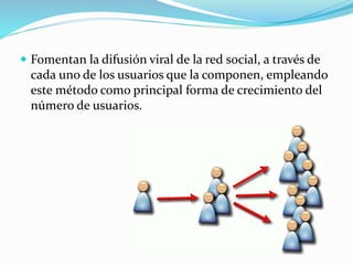  Fomentan la difusión viral de la red social, a través de 
cada uno de los usuarios que la componen, empleando 
este método como principal forma de crecimiento del 
número de usuarios. 
 