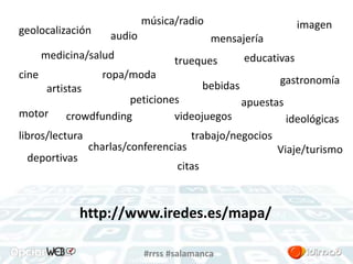 geolocalización 
mensajería 
música/radio 
medicina/salud trueques educativas 
artistas bebidas ropa/moda gastronomía 
peticiones apuestas 
motor videojuegos 
trabajo/negocios 
charlas/conferencias 
#rrss #salamanca 
Viaje/turismo 
citas 
crowdfunding 
libros/lectura 
deportivas 
ideológicas 
audio 
imagen 
http://www.iredes.es/mapa/ 
cine 
 