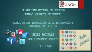 UNIVERSIDAD AUTÓNOMA DE GUERRERO 
UNIDAD ACADÉMICA DE DERECHO 
MANEJO DE LAS TECNOLOGÍAS DE LA INFORMACIÓN Y 
COMUNICACIÓN (TIC´S) 
REDES SOCIALES 
NADIA CARRANZA JACINTO 
1 ¨A¨ (T/M) 
 
