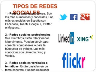 TIPOS DE REDES 
1.- ReSdeOs sCociIaAlesL gEenSéricas. Son 
las más numerosas y conocidas. Las 
más extendidas en España son 
Facebook, Tuenti, Google +, Twitter 
o Myspace. 
2.- Redes sociales profesionales. 
Sus miembros están relacionados 
laboralmente. Pueden servir para 
conectar compañeros o para la 
búsqueda de trabajo. Las más 
conocidas son LinkedIn, Xing y 
Viadeo. 
3.- Redes sociales verticales o 
temáticas. Están basadas en un 
tema concreto. Pueden relacionar 
 