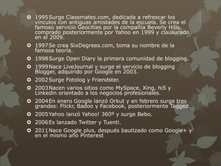  1995Surge Classmates.com, dedicada a refrescar los
vínculos con antiguas amistades de la escuela. Se crea el
famoso servicio Geocities por la compañía Beverly Hills,
comprado posteriormente por Yahoo en 1999 y clausurado
en el 2009.
 1997Se crea SixDegrees.com, toma su nombre de la
famosa teoría.
 1998Surge Open Diary la primera comunidad de blogging.
 1999Nace LiveJournal y surge el servicio de blogging
Blogger, adquirido por Google en 2003.
 2002Surge Fotolog y Friendster.
 2003Nacen varios sitios como MySpace, Xing, hi5 y
Linkedin orientado a los negocios profesionales.
 2004En enero Google lanzó Orkut y en febrero surge tres
grandes: Flickr, Badoo y Facebook, posteriormente Tagged.
 2005Yahoo lanzó Yahoo! 360º y surge Bebo.
 2006Es lanzado Twitter y Tuenti.
 2011Nace Google plus, después bautizado como Google+ y
en el mismo año Pinterest
 