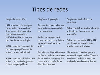 Tipos de redes
-Según la extensión;
LAN: conjunto de equipos
conectados dentro de un
área geográfica pequeña
(aproximadamente un
edificio) mediante una red
con la misma tecnología.
MAN: conecta diversas LAN
cercanas geográficamente
entre sí a alta velocidad.
WAN: conecta múltiples LAN
entre sí a través de grandes
distancias geográficas.
-Según su topología;
Bus: están conectadas a un
mismo tronco o canal de
comunicación.
Anillo: un equipo está
conectado a otro, y éste al
siguiente, en forma de
anillo.
Estrella: un dispositivo que
recibe las señales de datos
de todos los equipos y las
transmite a través de los
distintos puertos.
-Según su medio físico de
conexión;
Cable coaxial: es similar al cable
utilizado en las antenas de
televisión
Cable par trenzado UTP y STP:
constituye un circuito que
puede transmitir datos.
Fibra óptica: pueden guiar y
transmitir rayos de luz. Tiene la
particularidad de poseer un
ancho de banda elevadísimo.
 
