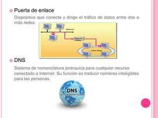  Puerta de enlace
Dispositivo que conecta y dirige el tráfico de datos entre dos o
más redes.
 DNS
Sistema de nomenclatura jerárquica para cualquier recurso
conectado a Internet. Su función es traducir nombres inteligibles
para las personas.
 