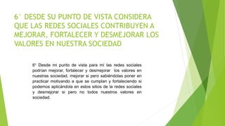 6° DESDE SU PUNTO DE VISTA CONSIDERA
QUE LAS REDES SOCIALES CONTRIBUYEN A
MEJORAR, FORTALECER Y DESMEJORAR LOS
VALORES EN NUESTRA SOCIEDAD
6° Desde mi punto de vista para mí las redes sociales
podrían mejorar, fortalecer y desmejorar los valores en
nuestras sociedad, mejorar si pero sabiéndolas poner en
practicar motivando a que se cumplan y fortaleciendo si
podemos aplicándola en estos sitios de la redes sociales
y desmejorar si pero no todos nuestros valores en
sociedad.
 