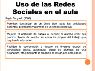 Uso de las Redes
Sociales en el aula
Según Burgueño (2008)
Permiten centralizar en un único sitio todas las actividades
docentes, profesores y alumnos de un centro educativo
Mejoran el ambiente de trabajo al permitir al alumno crear sus
propios objetos de interés, así como los propios del trabajo que
requiere la educación
Facilitan la coordinación y trabajo de diversos grupos de
aprendizaje (clase, asignatura, grupo de alumnos de una
asignatura, etc.) mediante la creación de los grupos apropiados.
 