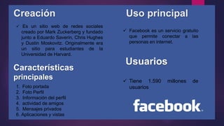 Creación Uso principal
 Es un sitio web de redes sociales
creado por Mark Zuckerberg y fundado
junto a Eduardo Saverin, Chris Hughes
y Dustin Moskovitz. Originalmente era
un sitio para estudiantes de la
Universidad de Harvard.
 Facebook es un servicio gratuito
que permite conectar a las
personas en internet.
Características
principales
1. Foto portada
2. Foto Perfil
3. Información del perfil
4. actividad de amigos
5. Mensajes privados
6. Aplicaciones y vistas
Usuarios
 Tiene 1.590 millones de
usuarios
 