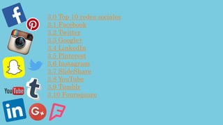 3.0 Top 10 redes sociales
3.1 Facebook
3.2 Twitter
3.3 Google+
3.4 LinkedIn
3.5 Pinterest
3.6 Instagram
3.7 SlideShare
3.8 YouTube
3.9 Tumblr
3.10 Foursquare
 