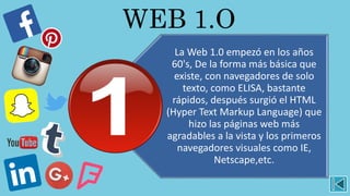 WEB 1.O
La Web 1.0 empezó en los años
60's, De la forma más básica que
existe, con navegadores de solo
texto, como ELISA, bastante
rápidos, después surgió el HTML
(Hyper Text Markup Language) que
hizo las páginas web más
agradables a la vista y los primeros
navegadores visuales como IE,
Netscape,etc.
 