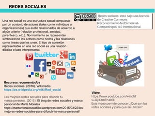 REDES SOCIALES
Recursos recomendados
Redes sociales. (2016). Wikimedia.
https://es.wikipedia.org/wiki/Red_social
Las mejores redes sociales para difundir tu
marca personal. (2015).  El blog de redes sociales y marca
personal de Marta Morales
https://martamoralescastillo.wordpress.com/2015/03/22/las-
mejores-redes-sociales-para-difundir-tu-marca-personal/
Una red social es una estructura social compuesta
por un conjunto de actores (tales como individuos u
organizaciones) que están relacionados de acuerdo a
algún criterio (relación profesional, amistad,
parentesco, etc.). Normalmente se representan
simbolizando los actores como nodos y las relaciones
como líneas que los unen. El tipo de conexión
representable en una red social es una relación
diádica o lazo interpersonal.
Vídeo
https://www.youtube.com/watch?
v=Dy4XmEh4k0k
Este video permite conocer ¿Qué son las
redes sociales y para qué se utilizan?
Redes sociales está bajo una licencia
de Creative Commons
Reconocimiento-NoComercial-
CompartirIgual 4.0 Internacional.
Redes sociales está bajo una licencia
de Creative Commons
Reconocimiento-NoComercial-
CompartirIgual 4.0 Internacional.
 