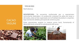 CACAO
YASUNI
 TIPO DE RED
Red Colectiva.
DESCRIPCION.- Se encuentra conformada por 9 asociaciones
comunitarias dedicadas a la producción artesanal de pasta de cacao y
derivados; estas se han organizado con la finalidad de producir y exportar,
bajo normas de calidad y principios de comercio justo.
Estas asociaciones acopian la materia prima local, fomentando el
desarrollo local, evitando la subvaloración del cacao.
 