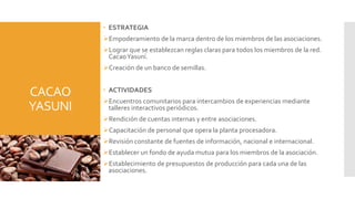 CACAO
YASUNI
 ESTRATEGIA
Empoderamiento de la marca dentro de los miembros de las asociaciones.
Lograr que se establezcan reglas claras para todos los miembros de la red.
CacaoYasuní.
Creación de un banco de semillas.
 ACTIVIDADES
Encuentros comunitarios para intercambios de experiencias mediante
talleres interactivos periódicos.
Rendición de cuentas internas y entre asociaciones.
Capacitación de personal que opera la planta procesadora.
Revisión constante de fuentes de información, nacional e internacional.
Establecer un fondo de ayuda mutua para los miembros de la asociación.
Establecimiento de presupuestos de producción para cada una de las
asociaciones.
 