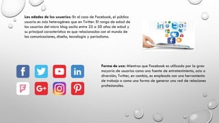 Las edades de los usuarios: En el caso de Facebook, el público
usuario es más heterogéneo que en Twitter. El rango de edad de
los usuarios del micro blog oscila entre 25 a 50 años de edad y
su principal característica es que relacionados con el mundo de
las comunicaciones, diseño, tecnología y periodismo.
Forma de uso: Mientras que Facebook es utilizado por la gran
mayoría de usuarios como una fuente de entretenimiento, ocio o
diversión; Twitter, en cambio, es empleado con una herramienta
de trabajo o como una forma de generar una red de relaciones
profesionales.
 