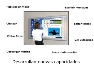 Desarrollan nuevas capacidades
Descargar música
Editar textos
Buscar información
Chatear
Editar fotos
Escribir mensajesPublicar un vídeo
Ver videoclips
 
