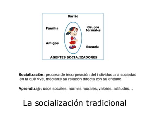 La socialización tradicional
Socialización: proceso de incorporación del individuo a la sociedad
en la que vive, mediante su relación directa con su entorno.
Aprendizaje: usos sociales, normas morales, valores, actitudes…
 