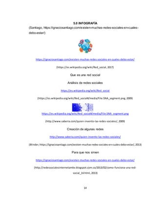 14
5.0 INFOGRAFÍA
(Santiago, https://ignaciosantiago.com/existen-muchas-redes-sociales-en-cuales-
debo-estar/)
https://ignaciosantiago.com/existen-muchas-redes-sociales-en-cuales-debo-estar/
(https://es.wikipedia.org/wiki/Red_social, 2017)
Que es una red social
Análisis de redes sociales
https://es.wikipedia.org/wiki/Red_social
(https://es.wikipedia.org/wiki/Red_social#/media/File:SNA_segment.png, 2009)
https://es.wikipedia.org/wiki/Red_social#/media/File:SNA_segment.png
(http://www.saberia.com/quien-invento-las-redes-sociales/, 2009)
Creación de algunas redes
http://www.saberia.com/quien-invento-las-redes-sociales/
(Blinder,https://ignaciosantiago.com/existen-muchas-redes-sociales-en-cuales-debo-estar/,2013)
Para que nos sirven
https://ignaciosantiago.com/existen-muchas-redes-sociales-en-cuales-debo-estar/
(http://redessocialesinternetambv.blogspot.com.co/2013/02/como-funciona-una-red-
social_14.html, 2013)
 