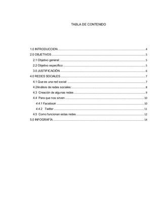 TABLA DE CONTENIDO
1.0 INTRODUCCION ..............................................................................................................4
2.0 OBJETIVOS......................................................................................................................5
2.1 Objetivo general: ...........................................................................................................5
2.2 Objetivo específico:.......................................................................................................5
3.0 JUSTIFICACIÓN ...........................................................................................................6
4.0 REDES SOCIALES...........................................................................................................7
4.1 Que es una red social: ..................................................................................................7
4.2Análisis de redes sociales:.............................................................................................8
4.3 Creación de algunas redes ..........................................................................................9
4.4 Para que nos sirven ...................................................................................................10
4.4.1 Facebook .............................................................................................................. 10
4.4.2 Twitter ................................................................................................................. 11
4.5 Como funcionan estas redes ..................................................................................... 12
5.0 INFOGRAFÍA .................................................................................................................. 14
 