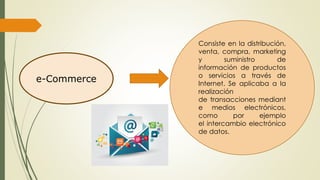 e-Commerce
Consiste en la distribución,
venta, compra, marketing
y suministro de
información de productos
o servicios a través de
Internet. Se aplicaba a la
realización
de transacciones mediant
e medios electrónicos,
como por ejemplo
el intercambio electrónico
de datos.
 