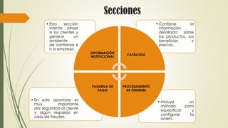 Secciones
• Incluye un
método para
especificar y
configurar la
orden.
• En este apartado es
muy importante
dar seguridad al cliente
y algún respaldo en
caso de fraudes.
• Contiene la
información
detallada sobre
los productos, sus
beneficios y
precios.
• Esta sección
intenta atraer
a los clientes y
generar un
ambiente
de confianza e
n la empresa.
INFORMACIÓN
INSTITUCIONAL
CATÁLOGO
PROCESAMIENTO
DE ÓRDENES
PASARELA DE
PAGO
 