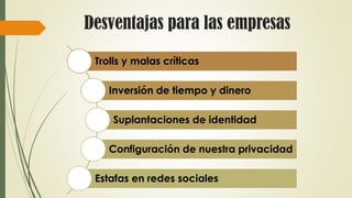 Desventajas para las empresas
Trolls y malas críticas
Inversión de tiempo y dinero
Suplantaciones de identidad
Configuración de nuestra privacidad
Estafas en redes sociales
 