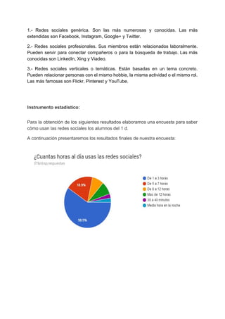 1.- ​Redes sociales genérica​. Son las más numerosas y conocidas. Las más
extendidas​ ​son​ ​Facebook,​ ​Instagram,​ ​Google+​ ​y​ ​Twitter.
2.- ​Redes sociales profesionales​. Sus miembros están relacionados laboralmente.
Pueden servir para conectar compañeros o para la búsqueda de trabajo. Las más
conocidas​ ​son​ ​LinkedIn,​ ​Xing​ ​y​ ​Viadeo.
3.- ​Redes sociales verticales o temáticas. Están basadas en un tema concreto.
Pueden relacionar personas con el mismo hobbie, la misma actividad o el mismo rol.
Las​ ​más​ ​famosas​ ​son​ ​Flickr,​ ​Pinterest​ ​y​ ​YouTube.
Instrumento​ ​estadístico:
Para la obtención de los siguientes resultados elaboramos una encuesta para saber
cómo​ ​usan​ ​las​ ​redes​ ​sociales​ ​los​ ​alumnos​ ​del​ ​1​ ​d.
A​ ​continuación​ ​presentaremos​ ​los​ ​resultados​ ​finales​ ​de​ ​nuestra​ ​encuesta:
 