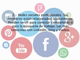 2.- Redes sociales profesionales. Sus
miembros están relacionados laboralmente.
Pueden servir para conectar compañeros o
para la búsqueda de trabajo. Las más
conocidas son LinkedIn, Xing y Viadeo.
 