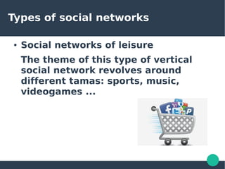 Types of social networks
● Social networks of leisure
The theme of this type of vertical
social network revolves around
different tamas: sports, music,
videogames ...
 