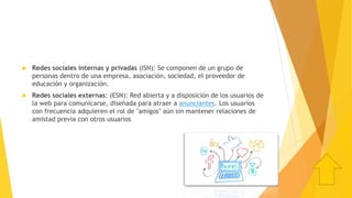  Redes sociales internas y privadas (ISN): Se componen de un grupo de
personas dentro de una empresa, asociación, sociedad, el proveedor de
educación y organización.
 Redes sociales externas: (ESN): Red abierta y a disposición de los usuarios de
la web para comunicarse, diseñada para atraer a anunciantes. Los usuarios
con frecuencia adquieren el rol de "amigos" aún sin mantener relaciones de
amistad previa con otros usuarios
 