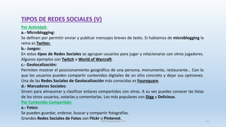 Por Actividad:
a.- Microblogging:
Se definen por permitir enviar y publicar mensajes breves de texto. Si hablamos de microblogging la
reina es Twitter.
b.- Juegos:
En estos tipos de Redes Sociales se agrupan usuarios para jugar y relacionarse con otros jugadores.
Algunos ejemplos son Twitch o World of Warcraft.
c.- Geolocalización:
Permiten mostrar el posicionamiento geográfico de una persona, monumento, restaurante… Con lo
que los usuarios pueden compartir contenidos digitales de un sitio concreto y dejar sus opiniones.
Una de las Redes Sociales de Geolocalización más conocidas es Foursquare.
d.- Marcadores Sociales:
Sirven para almacenar y clasificar enlaces compartidos con otros. A su vez puedes conocer las listas
de los otros usuarios, votarlas y comentarlas. Los más populares son Digg y Delicious.
Por Contenido Compartido:
a.- Fotos:
Se pueden guardar, ordenar, buscar y compartir fotografías.
Grandes Redes Sociales de Fotos son Flickr o Pinterest.
TIPOS DE REDES SOCIALES (V)
SJM Computación 4.0 11
 