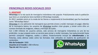 PRINCIPALES REDES SOCIALES 2019
3.- WHATSAPP
WhatsApp es la red social de mensajería instantánea más popular. Prácticamente toda la población
que tiene un smartphone tiene también el WhatsApp instalado.
En 2017, también entró en la moda de los Stories e implementó la funcionalidad, que fue bautizada
como “WhatsApp Status”.
WhatsApp es una aplicación de mensajería que permite enviar y recibir mensajes sin pagar. Además
de la mensajería básica, los usuarios de WhatsApp pueden crear grupos, y enviar entre ellos un
número ilimitado de imágenes, vídeos y mensajes de audio.
Con 1.500 millones de usuarios activos, este servicio de mensajería instantánea es uno de los
preferidos. Lo que empezó como un servicio para enviar y recibir mensajes, fue evolucionando hasta
permitir compartir imágenes, audios y videos. Posteriormente incluyó las videollamadas y las
historias, estas últimas están entre los formatos más utilizados en materia de publicación de
contenidos.
Año de fundación: 2009
Usuarios en el mundo 1.500 millones
Tipo de red: Mensajería
SJM Computación 4.0 15
 