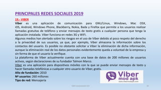 PRINCIPALES REDES SOCIALES 2019
19.- VIBER
Viber es una aplicación de comunicación para GNU/Linux, Windows, Mac OSX,
iOS, Android, Windows Phone, Blackberry, Nokia, Bada y Firefox que permite a los usuarios realizar
llamadas gratuitas de teléfono y enviar mensajes de texto gratis a cualquier persona que tenga la
aplicación instalada. Viber funciona en redes 3G y WiFi.
Algunos medios han alertado sobre los riesgos en el uso de Viber debido al poco respeto del derecho
a la privacidad de sus usuarios, ya que, por ejemplo, Viber almacena la información sobre los
contactos del usuario. Es posible no obstante solicitar a Viber la eliminación de dicha información,
aunque la eliminación real de los datos personales evidentemente queda a voluntad de la empresa y
sin forma de que el usuario la verifique.
La plataforma de Viber actualmente cuenta con una base de datos de 200 millones de usuarios
activos, según declaraciones de su fundador Talmon Marco.
Viber es una aplicación para dispositivos móviles con la que se puede enviar mensajes de texto y
hacer llamadas telefónicas a cualquier otro usuario de Viber, gratis.
Año de fundación: 2010
Nª usuarios: 260 millones
Tipo de red: Mensajería
SJM Computación 4.0 32
 