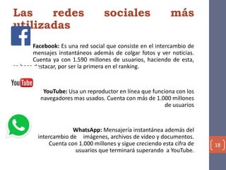 Las redes sociales más
utilizadas
Facebook: Es una red social que consiste en el intercambio de
mensajes instantáneos además de colgar fotos y ver noticias.
Cuenta ya con 1.590 millones de usuarios, haciendo de esta,
se hace destacar, por ser la primera en el ranking.
YouTube: Usa un reproductor en línea que funciona con los
navegadores mas usados. Cuenta con más de 1.000 millones
de usuarios
WhatsApp: Mensajería instantánea además del
intercambio de imágenes, archivos de video y documentos.
Cuenta con 1.000 millones y sigue creciendo esta cifra de
usuarios que terminará superando a YouTube.
18
 